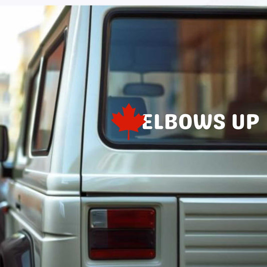 Canadian car decal with "Elbows Up" text and red maple leaf on vehicle window.