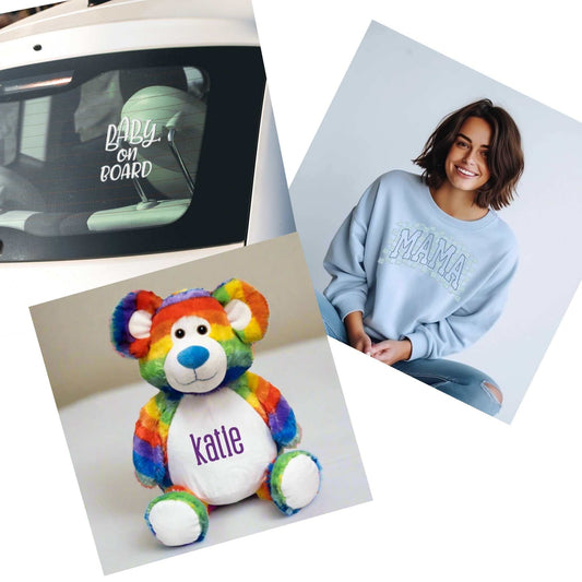 Mama Essentials Bundle with personalized rainbow bear, baby on board car decal, and embroidered cozy mama sweater