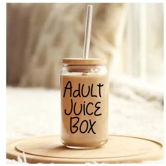 Adult Juice Box glass iced coffee cup with bamboo lid and straw, 16oz mason jar style, eco-friendly drinkware for iced lattes and smoothies.