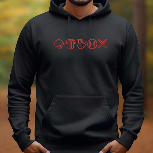 Custom embroidered baseball hoodie with classic baseball icons on chest, unisex fit, perfect gift for fans and coaches.