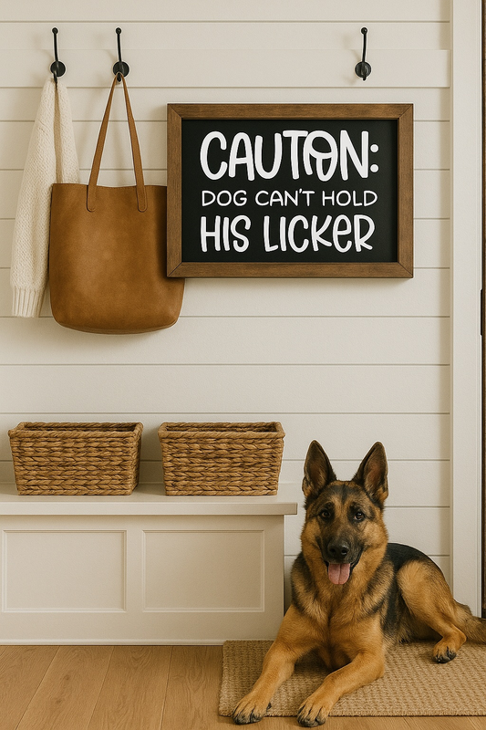 Funny caution dog sign in rustic wooden frame on wall, with dog sitting below.