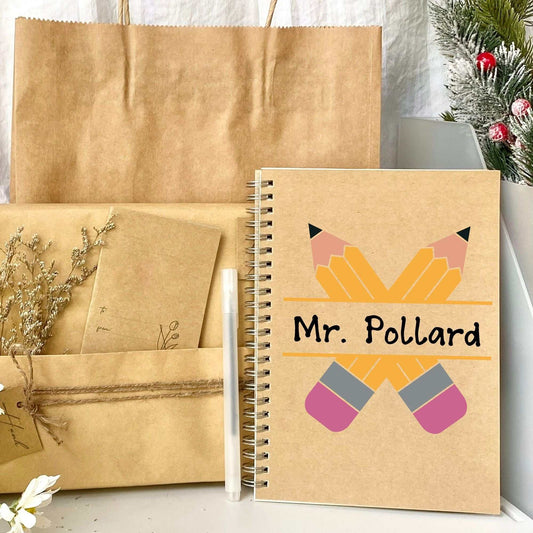Personalized spiral notebook with pencil design for teachers, kraft cover, 8.3 x 5.5 inches.