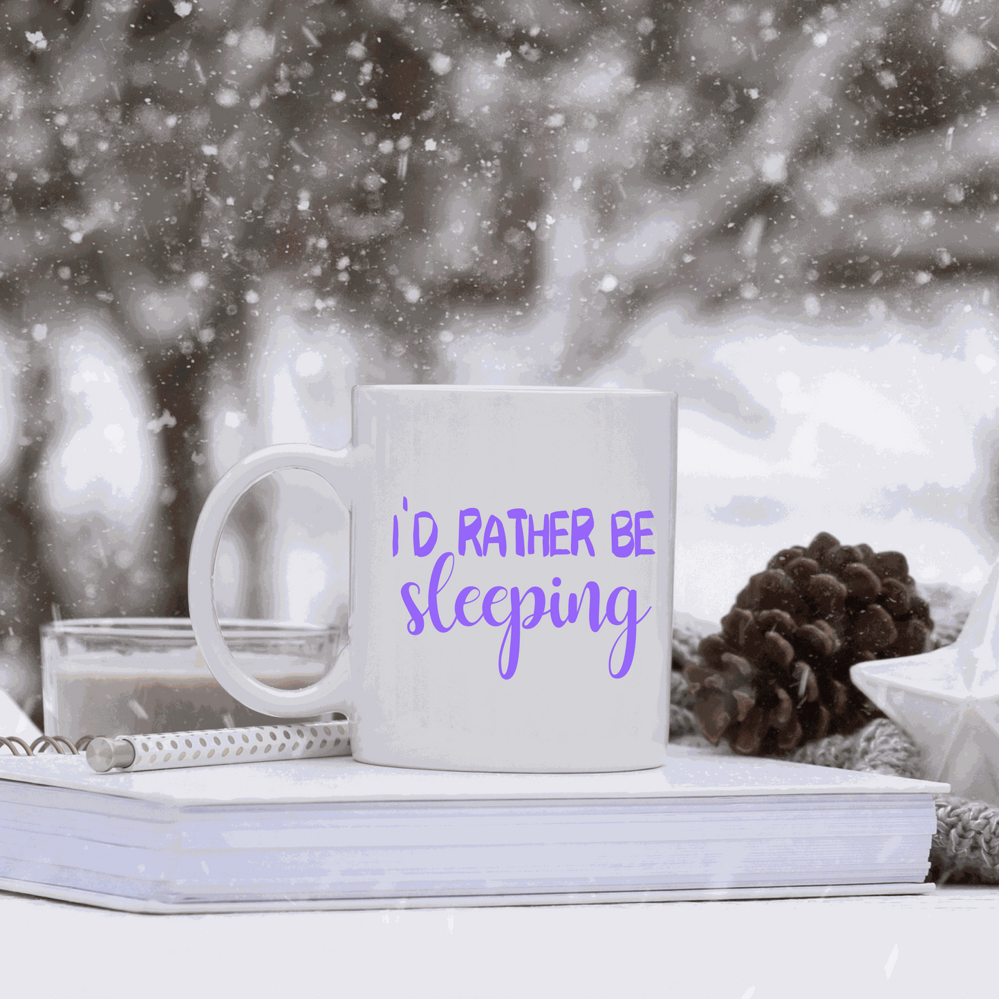 Ceramic mug with "I'd Rather Be Sleeping" text, customizable colors, 15 oz capacity.