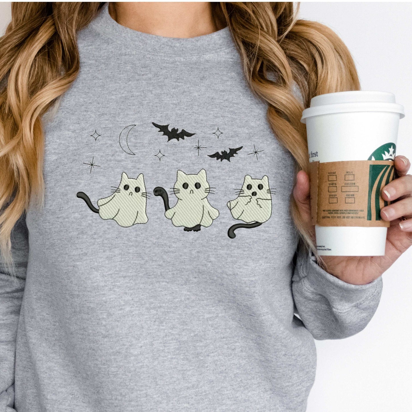 Embroidered cat ghost sweatshirt Halloween design on fall crewneck shirt for women