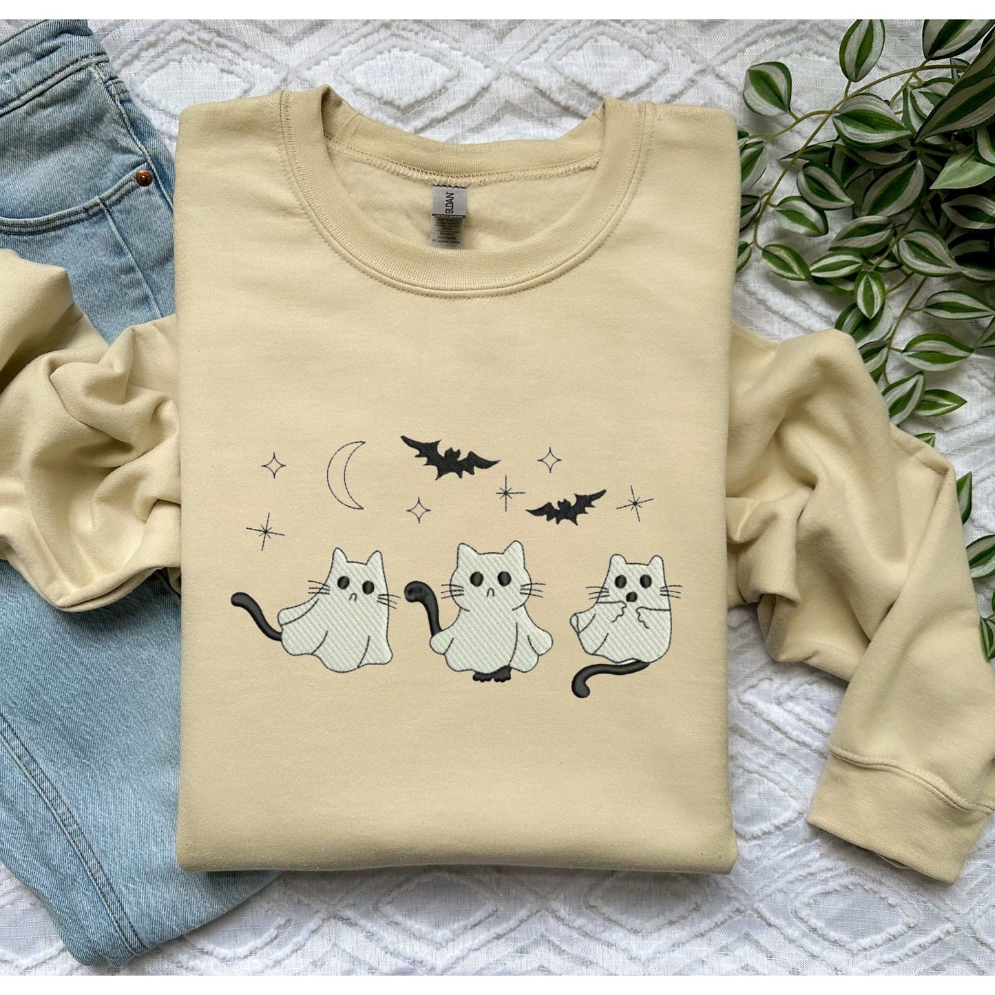 Embroidered Cat Ghost Sweatshirt Halloween with spooky fall design on unisex crewneck