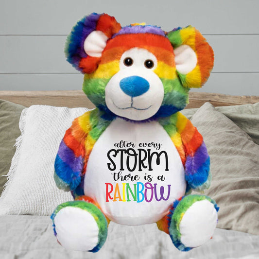 Rainbow Baby Loss Bear Stuffie, colorful teddy bear memorial gift for miscarriage remembrance.