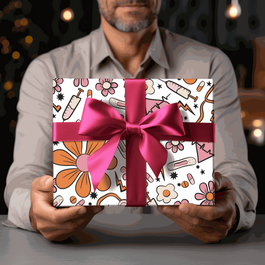 nurse themed gift wrapping paper with pink bow