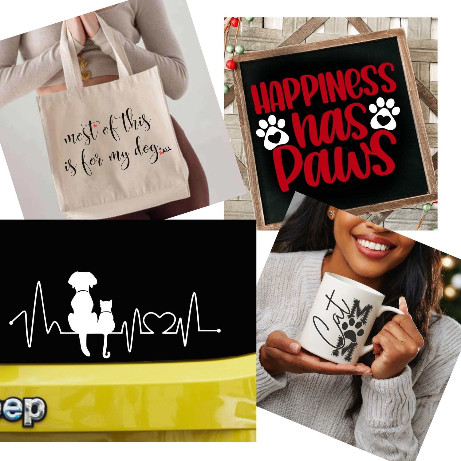 Pet Parent Gift Bundle with custom wood sign, cat mom ceramic mug, cotton tote bag, and vinyl car decal for animal lovers