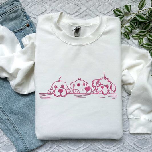 Custom embroidered dog mama sweatshirt with sketch-style dogs, perfect gift for pet lovers.