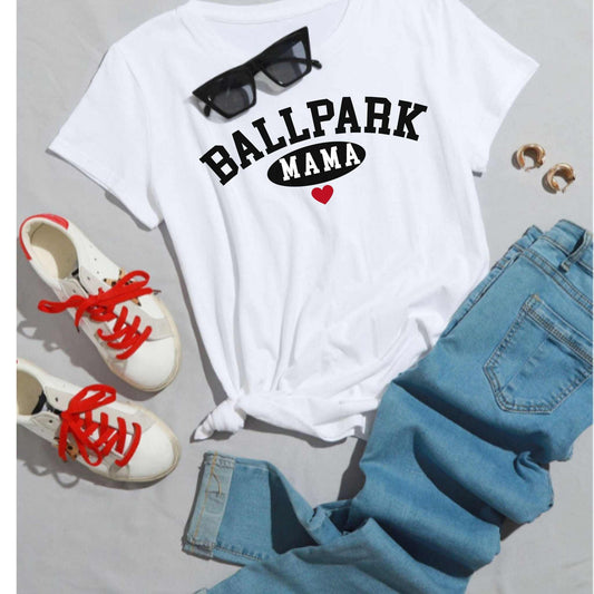 Ballpark Mama Baseball T-Shirt with sporty design, perfect for game-day outfits and expressing mom pride.