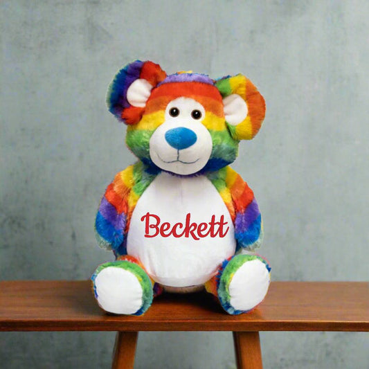 Rainbow teddy bear with personalized embroidery for baby loss memorial keepsake.
