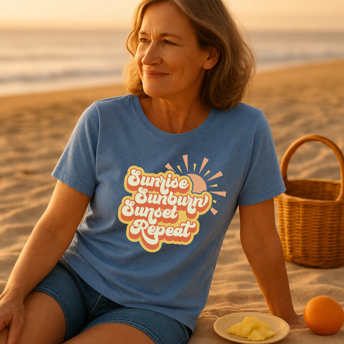 Sunrise Sunburn Sunset Repeat T-shirt with summer beach design on Bella + Canvas cotton fabric