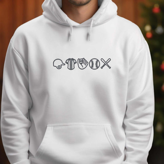 Unisex custom embroidered baseball hoodie with baseball icons.