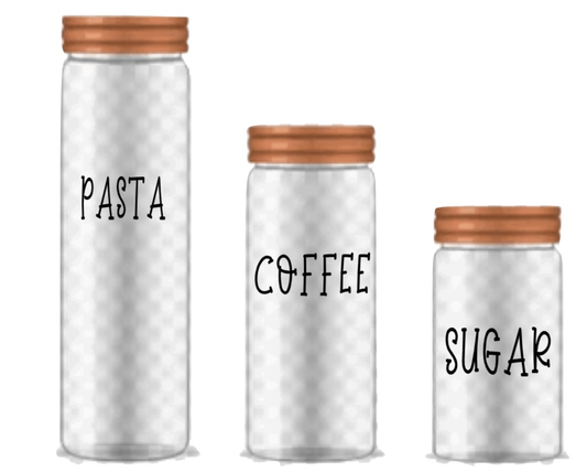 Large custom vinyl decals on jars labeled "Pasta," "Coffee," and "Sugar" with wooden lids.