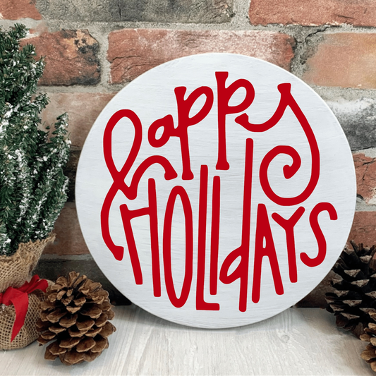 Happy Holidays wood sign with red lettering, perfect holiday decor accent.