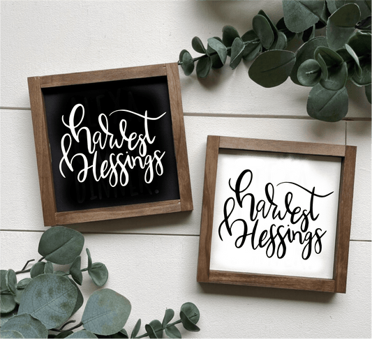 Harvest Blessings wooden framed sign with black and white background options.