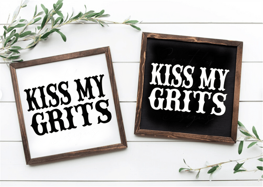 Handcrafted "Kiss My Grits" framed wood signs, black and white backgrounds, unique wood variations.