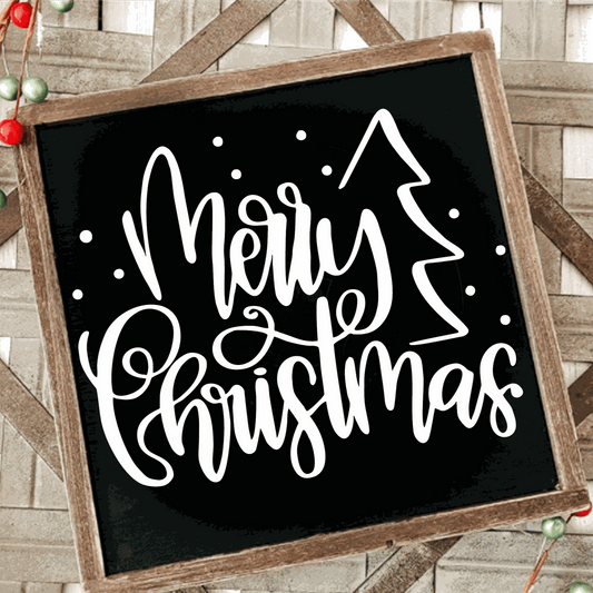Merry Christmas handmade wood framed sign with white lettering on black background, featuring a festive tree design, 12x12 inches, hanging hardware included.