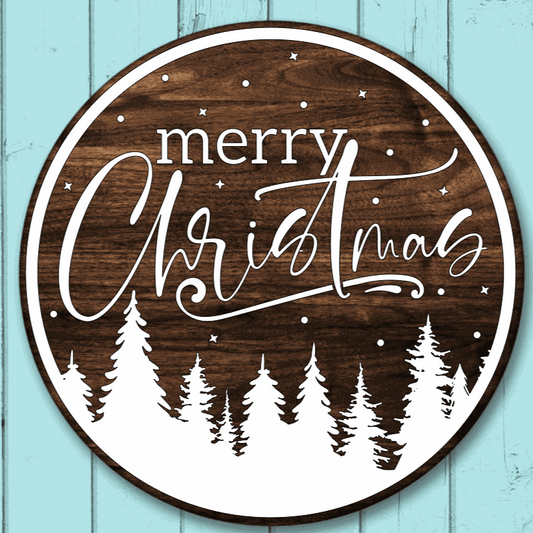 Merry Christmas round wood sign with pine tree silhouette, handcrafted from knotty pine.
