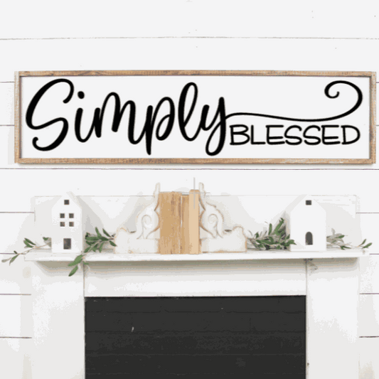 Framed rustic wood sign with "Simply Blessed" text on white background and customizable stained frame.