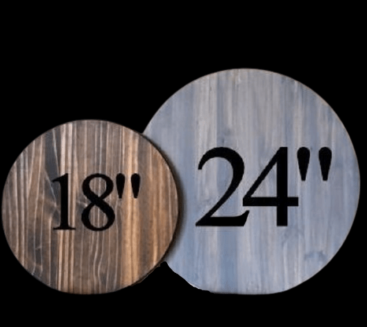 Round handmade welcome wood door signs in 18 and 24 inch sizes with natural wood finish