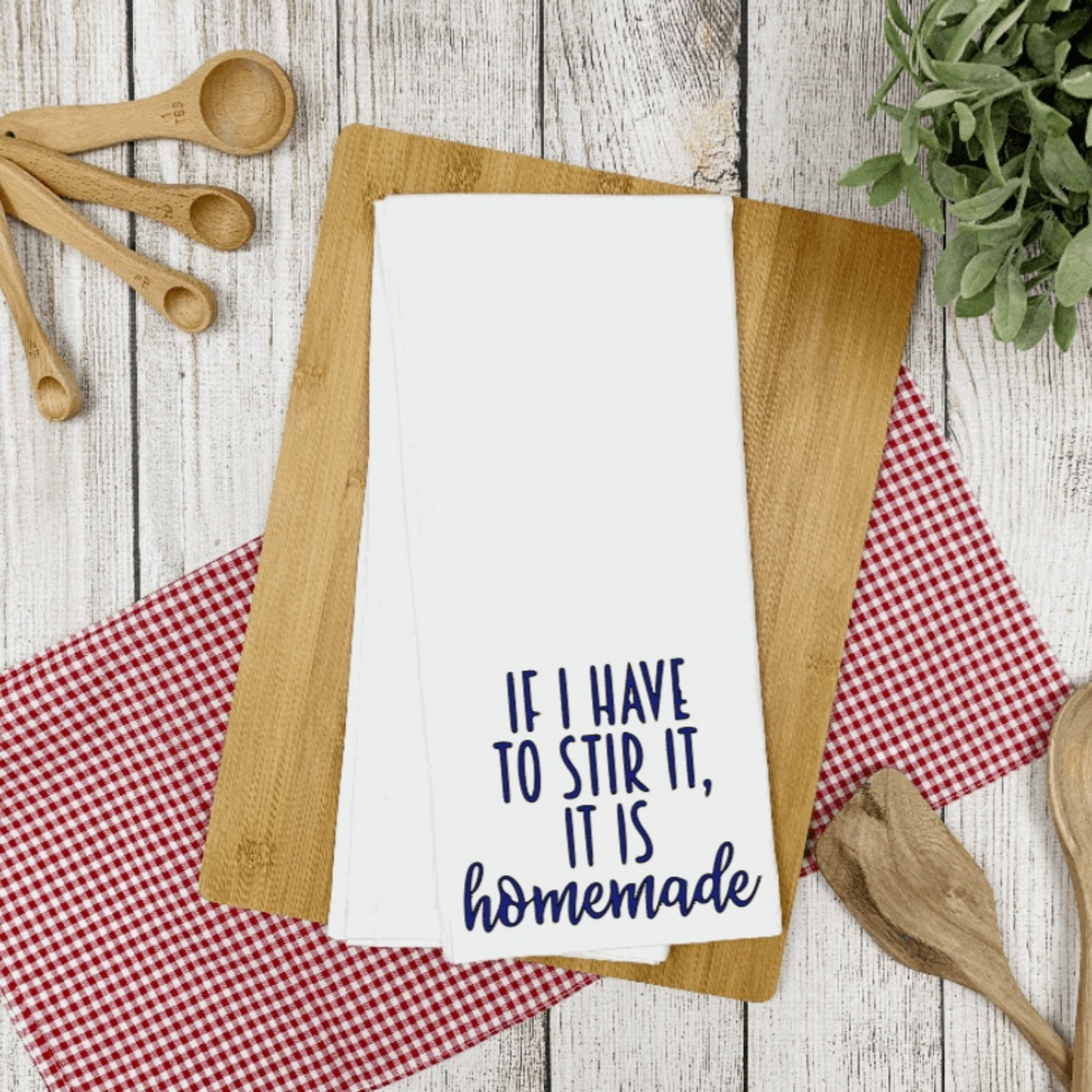 Humorous tea towel with "If I have to Stir it, it is Homemade" design, white microfiber, waffle weave, perfect gift.