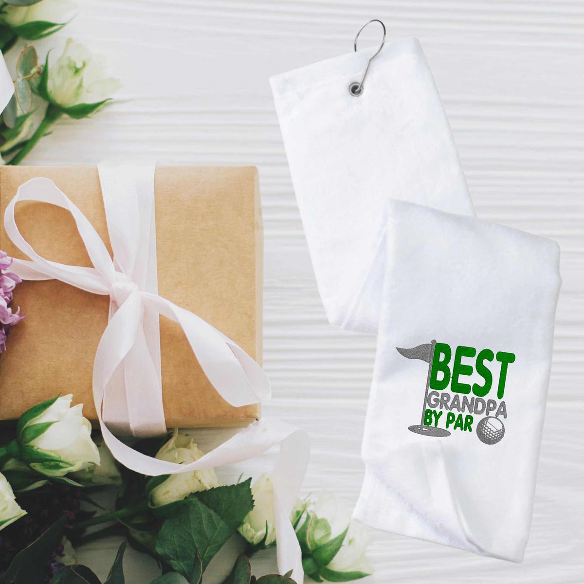 Personalized embroidered golf towel for Grandpa, "Best Grandpa By Par" design, gift for golfers, white towel with brass grommet and hook, ideal for Father's Day.