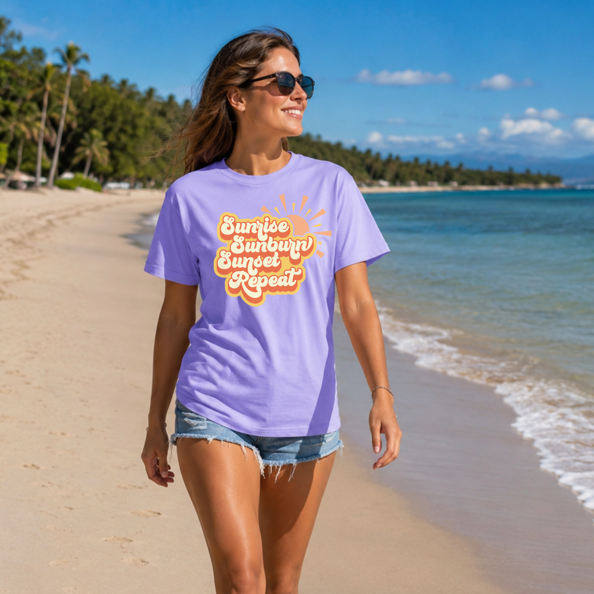Sunrise Sunburn Sunset Repeat text on casual Bella + Canvas unisex t-shirt for summer activities