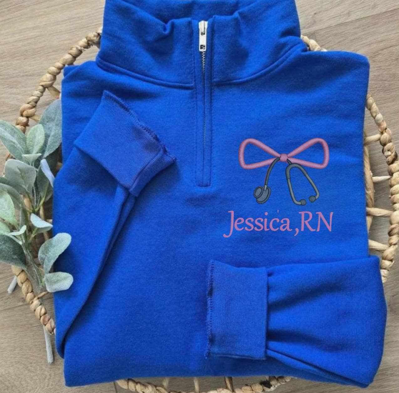 Embroidered Nurse Bow Sweatshirt personalized with name and monogram for nurse appreciation in ash color