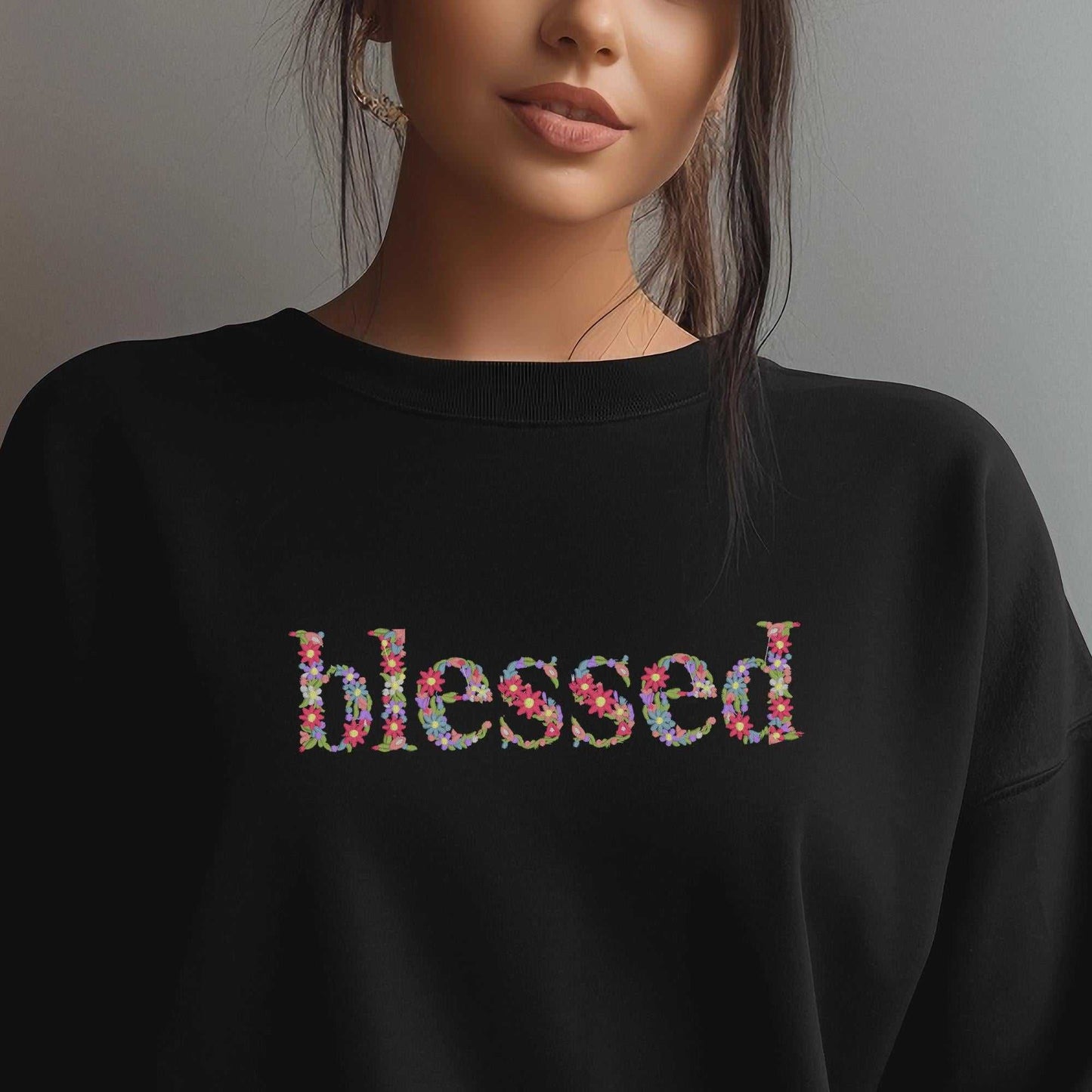 Custom embroidered floral letter sweatshirt with "Blessed" in blooming florals design