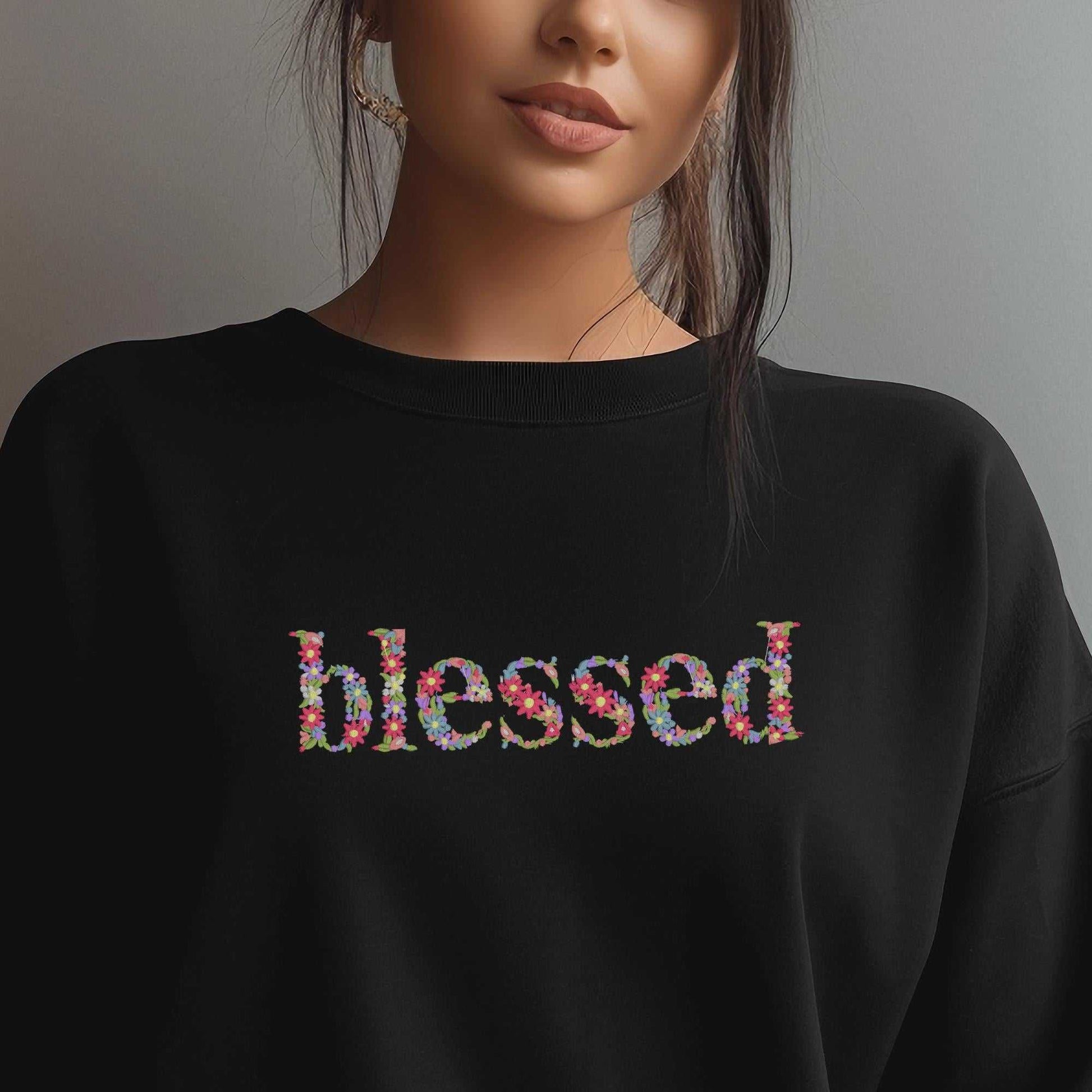 Custom embroidered floral letter sweatshirt with "Blessed" in blooming florals design
