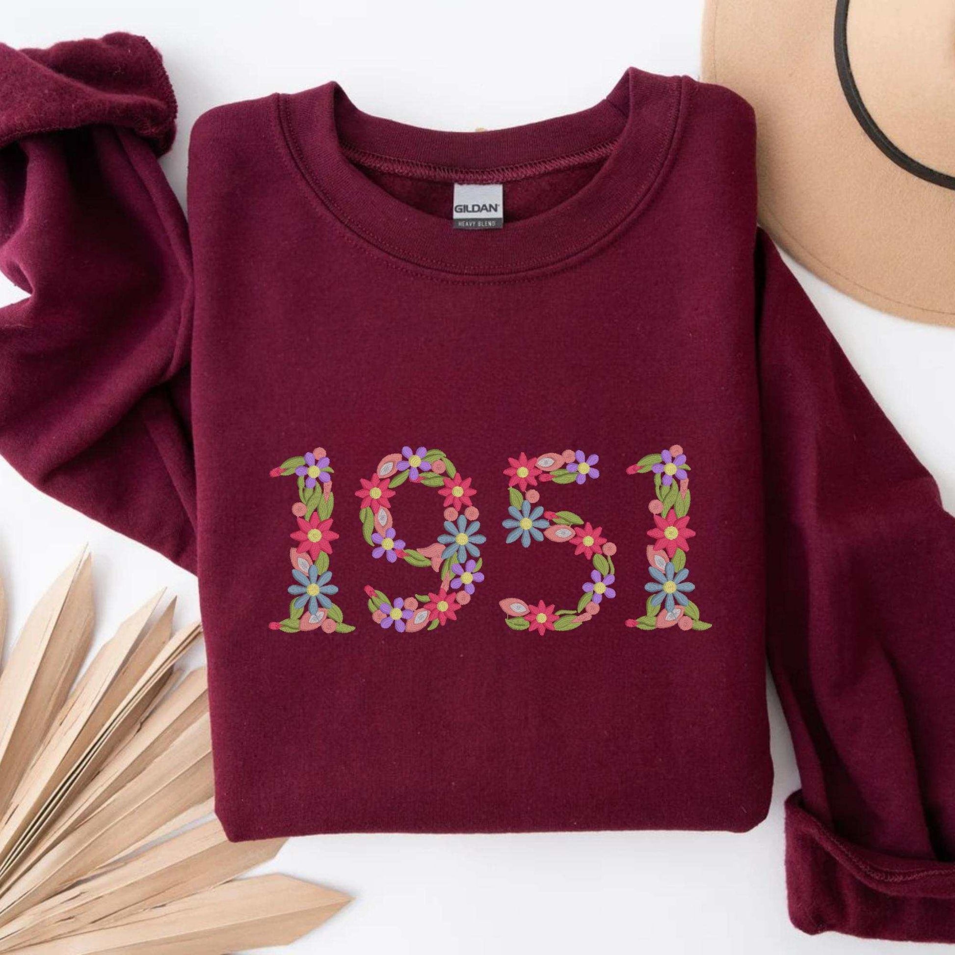 Embroidered floral number sweatshirt personalized with birthday year milestone design