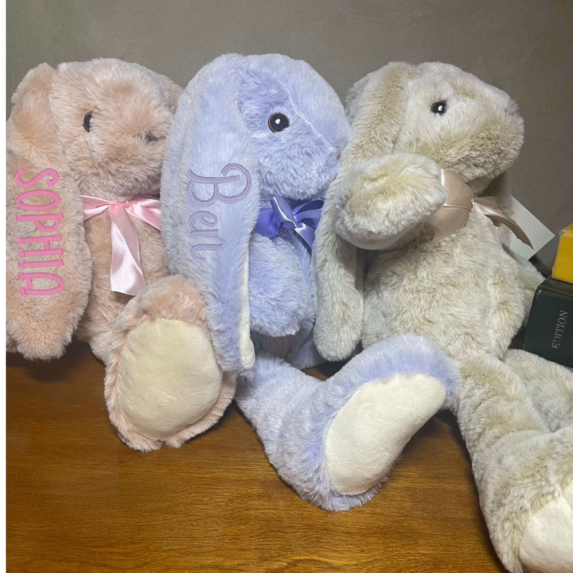 15" personalized bunny plush toys with embroidered names on floppy ears.