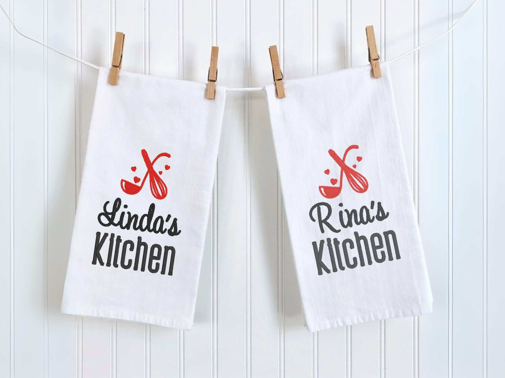Personalized kitchen towel with custom name, whisk and spoon embroidery, and thread color choice