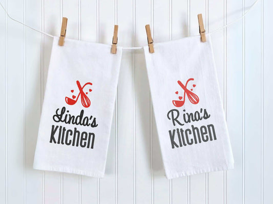 Personalized kitchen towel with custom name, whisk and spoon embroidery, and thread color choice