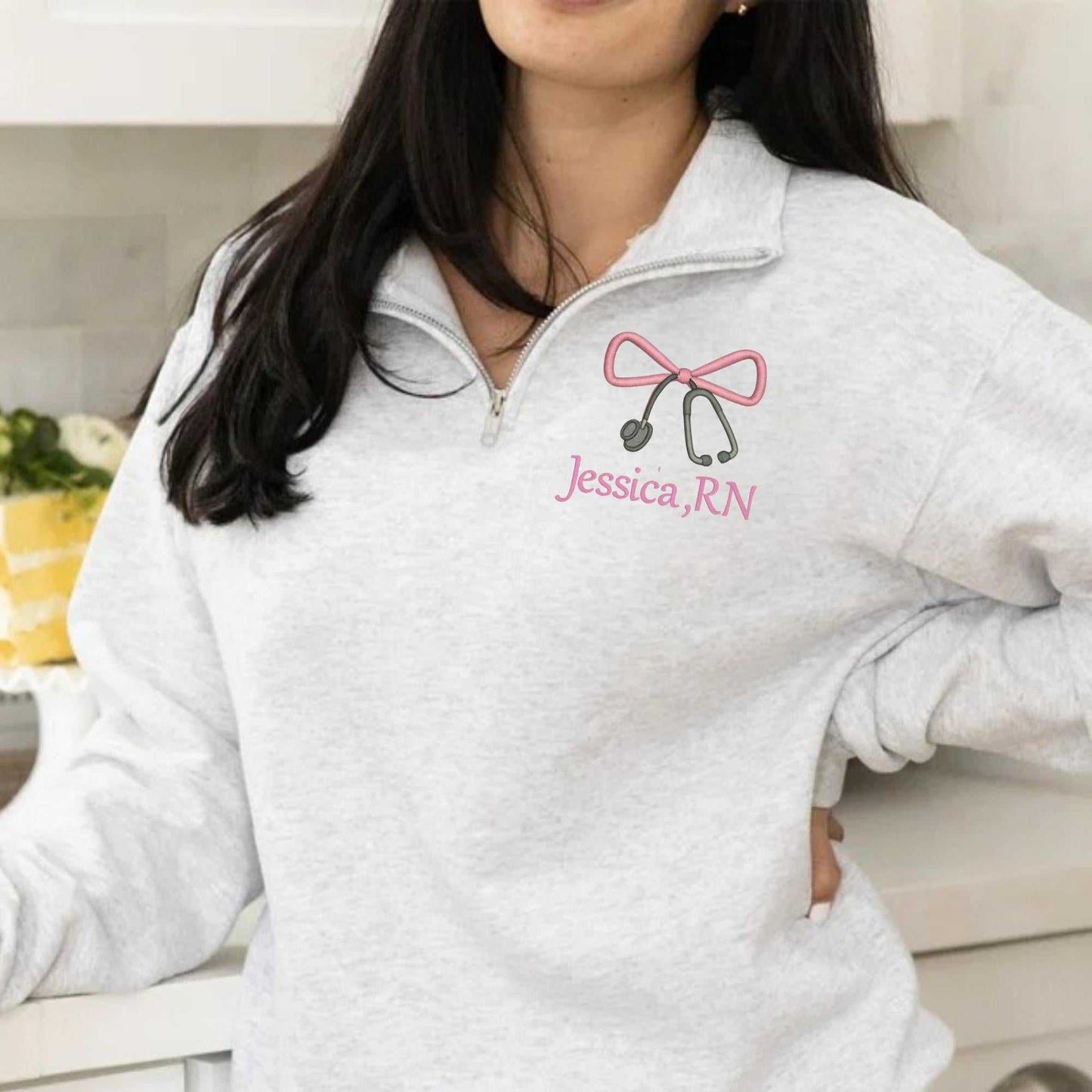 Ash embroidered nurse bow sweatshirt with personalized name and embroidery, perfect nurse gift