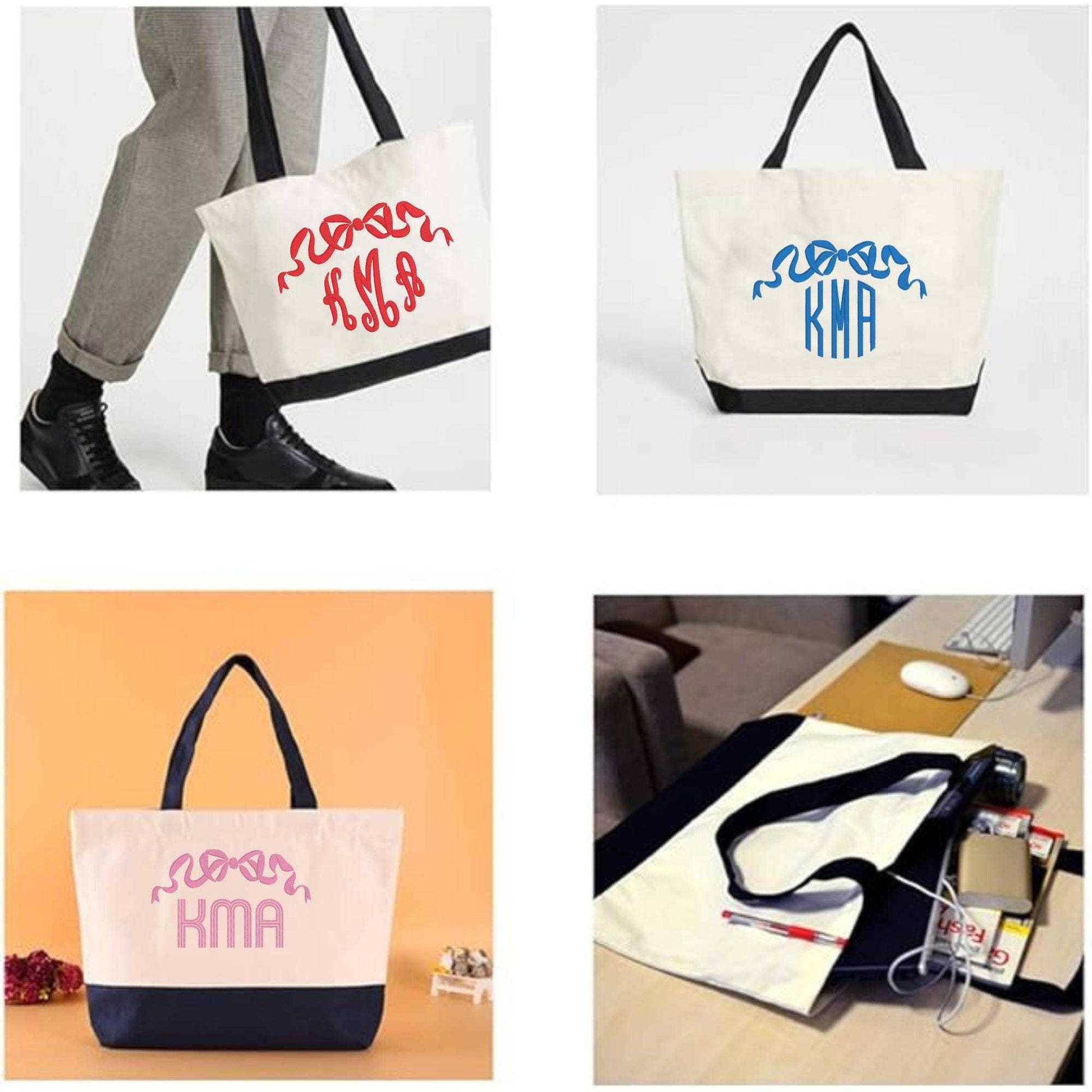 Monogrammed bow embroidered navy canvas tote bag with cotton handles