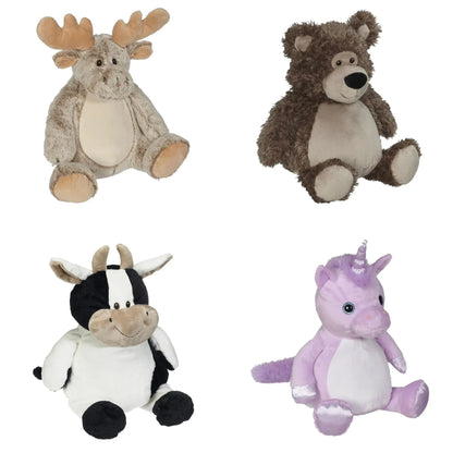 Design your own 16-inch embroidered sibling stuffed animals including moose, bear, cow, and unicorn with removable stuffing and machine washable polyester material