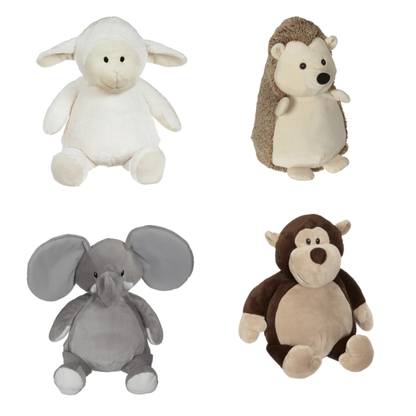 Design your own adoption stuffed animal with custom embroidered message, soft and cuddly, machine washable, 16-inch plush toys including lamb, hedgehog, elephant, and monkey