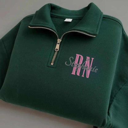 Embroidered nurse quarter zip sweatshirt personalized with name and position made of soft cotton-polyester blend