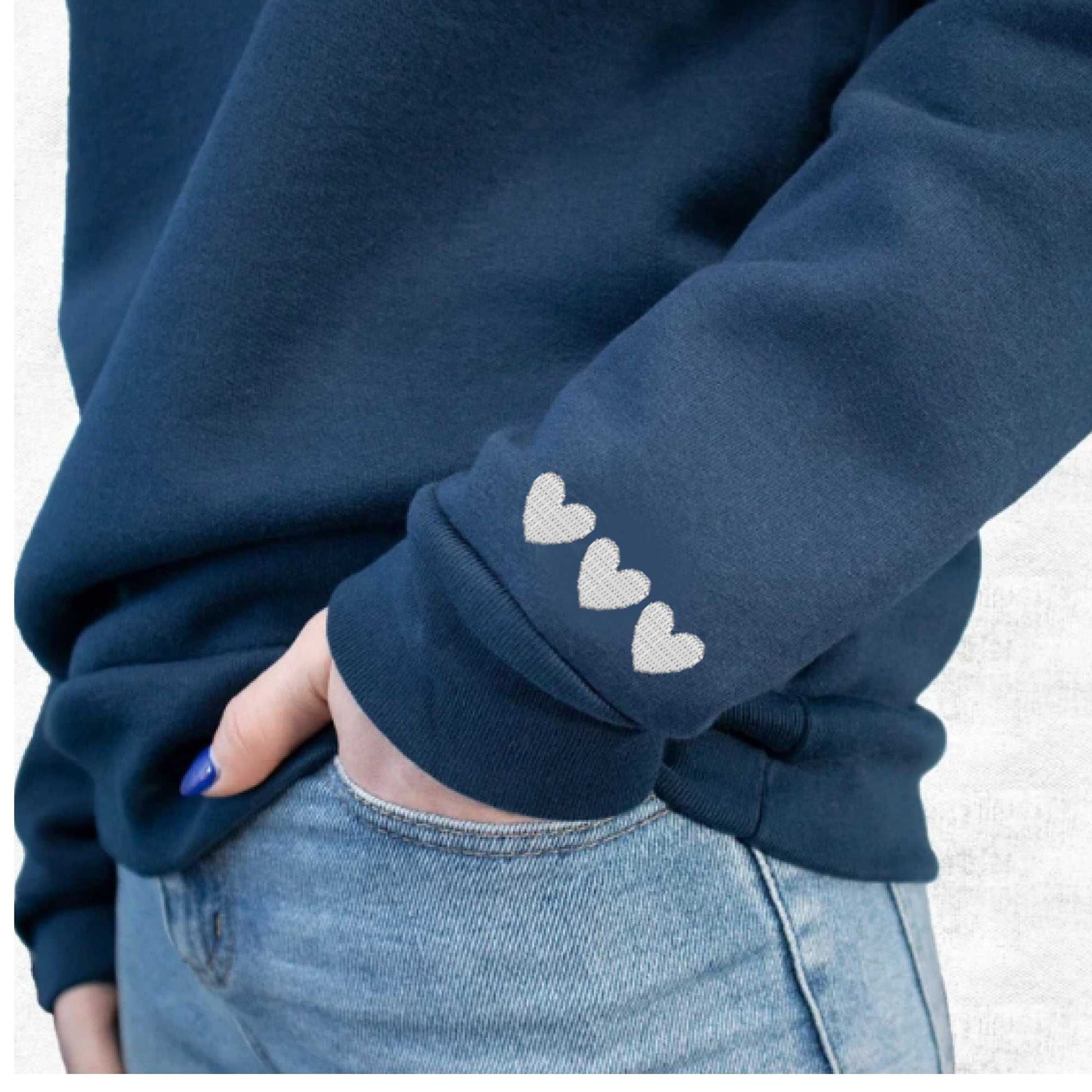 Personalized Mama Sweatshirt with embroidered kids' names on sleeves in customizable thread color and font
