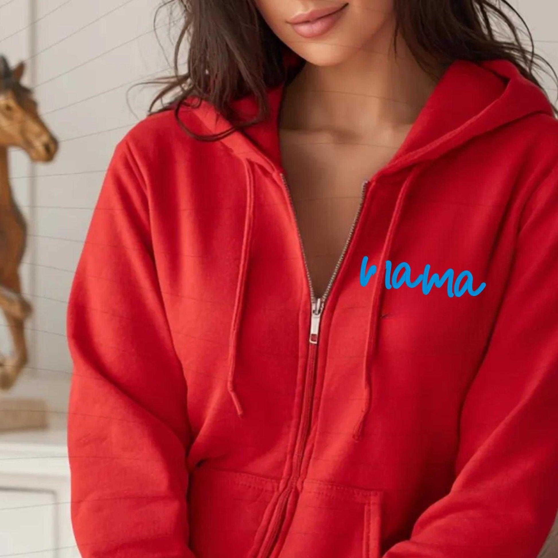 Custom embroidered full zip-up hoodie with personalized name on sleeve in multiple colors
