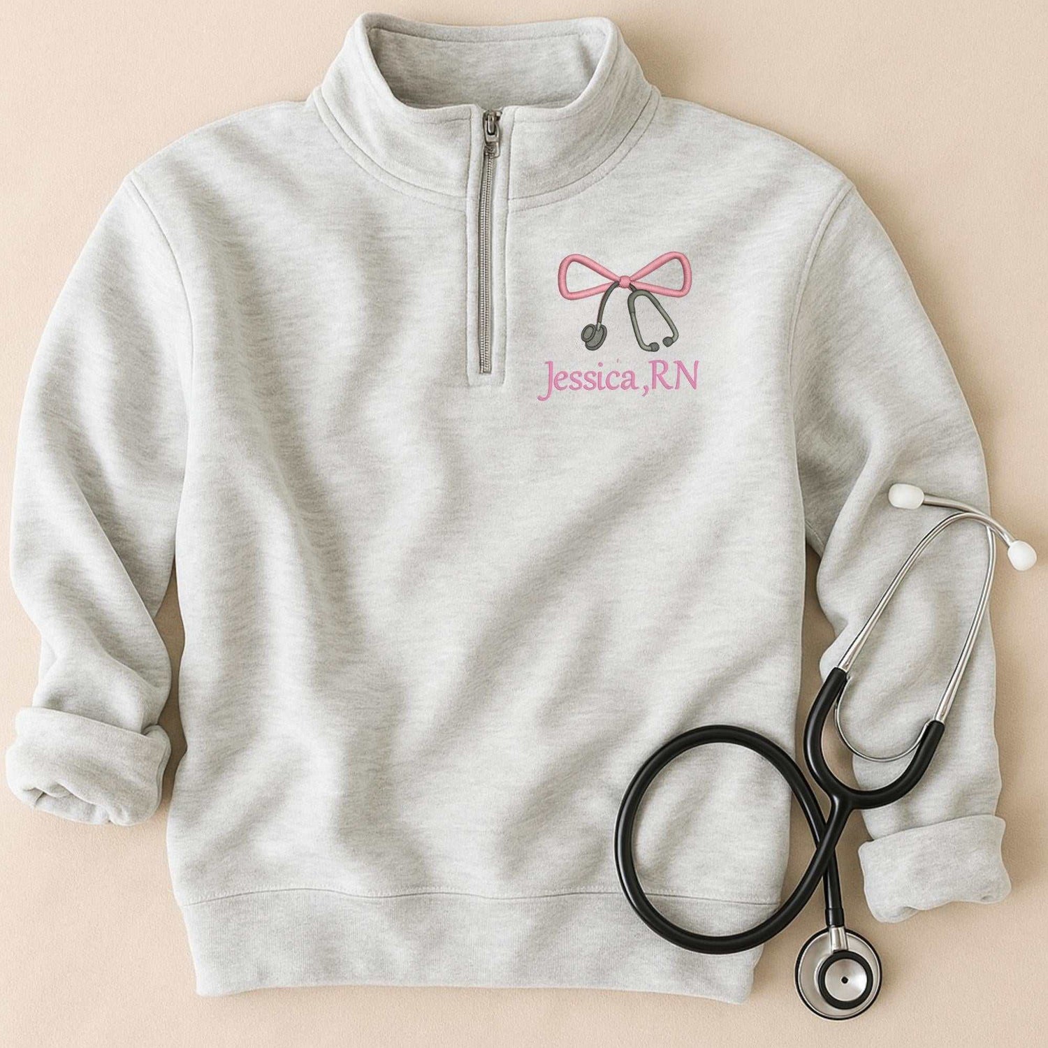 Ash embroidered nurse bow quarter zip sweatshirt with personalized monogram for nurse gift
