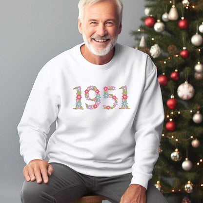 Embroidered floral number sweatshirt personalized with birthday year for milestone celebrations