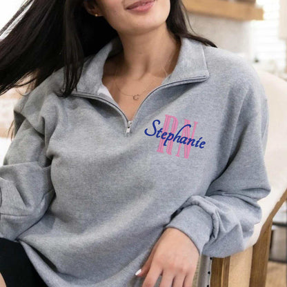 Embroidered nurse quarter zip sweatshirt personalized with name and position made from soft cotton-polyester blend