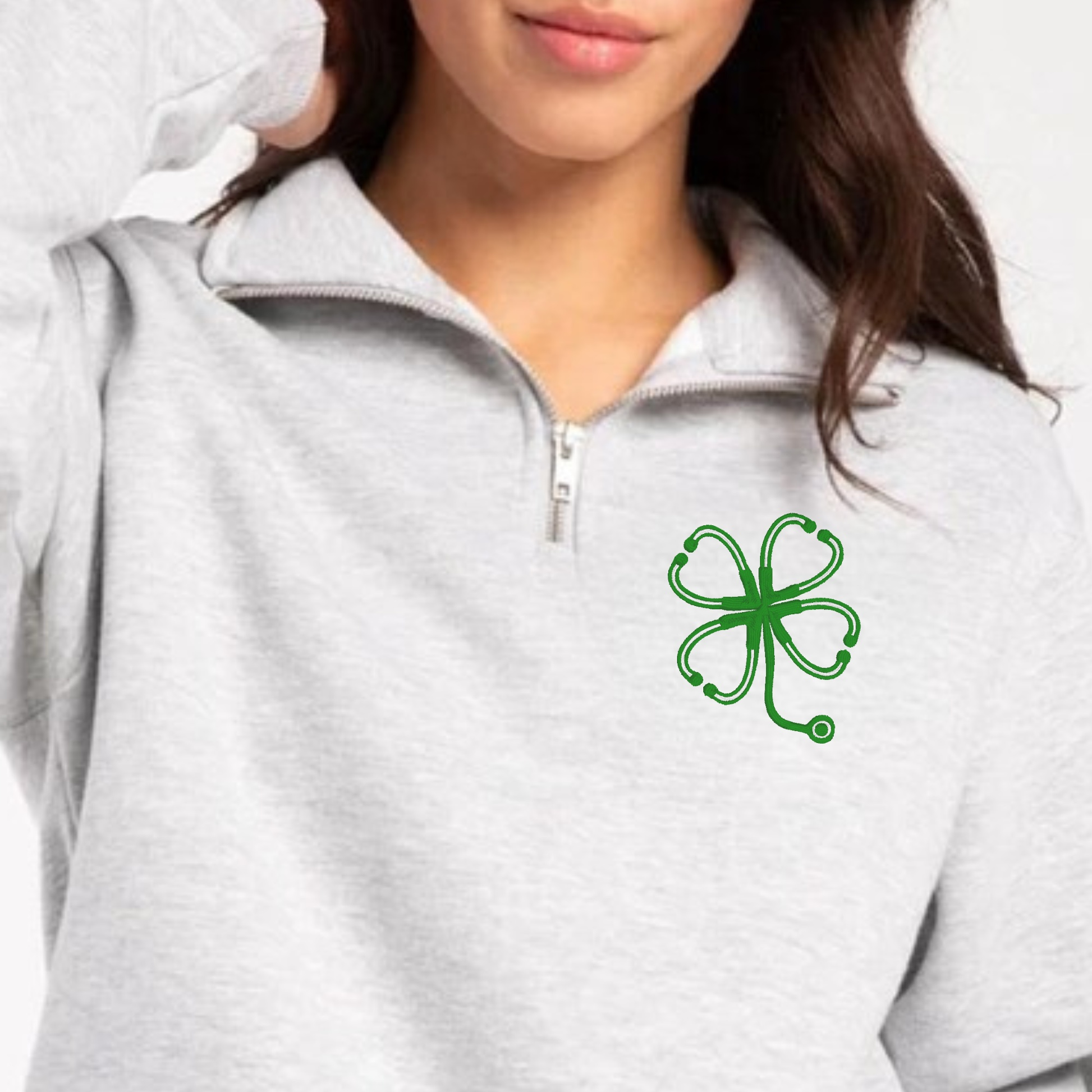 Shamrock embroidered nurse stethoscope quarter zip sweater for healthcare workers