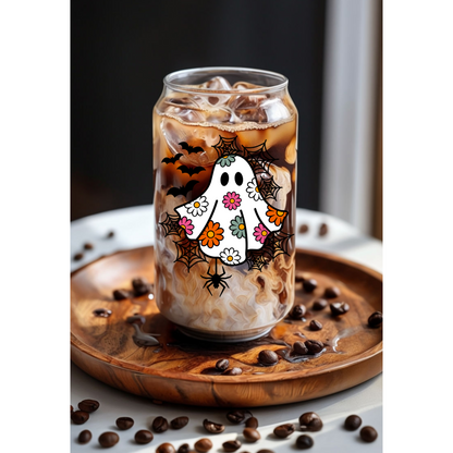 Halloween Daisy Ghost Glass Can with iced coffee and colorful floral ghost design, perfect for spooky season.