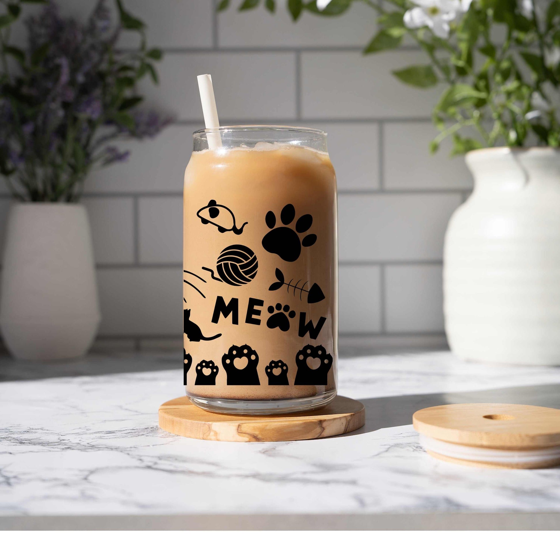 16oz glass can cup with black cat-themed designs, bamboo lid, and straw.
