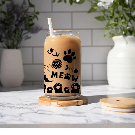 16oz glass can cup with black cat-themed designs, bamboo lid, and straw.