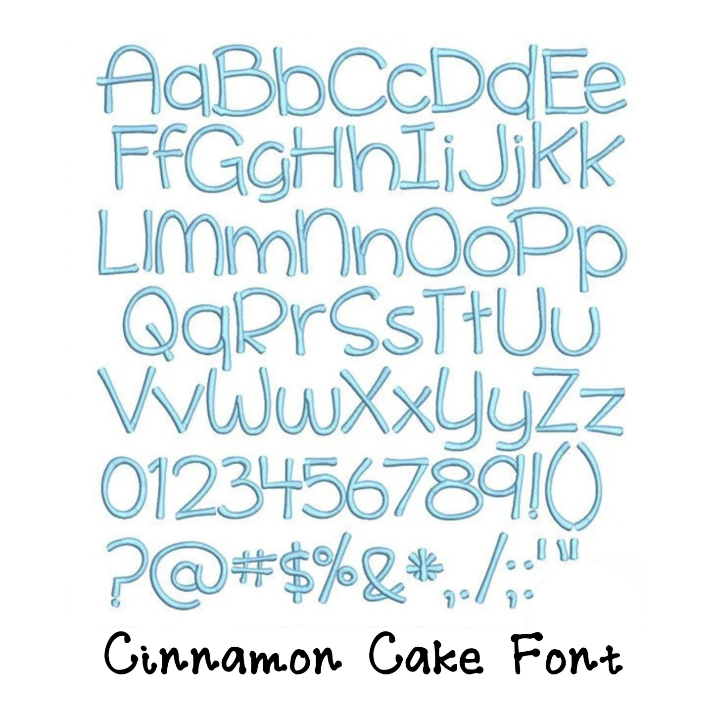 Cinnamon Cake font embroidery alphabet and symbols in light blue for personalized sibling stuffed animal design